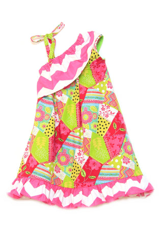 Quilted pink and green dress with one shoulder tie
