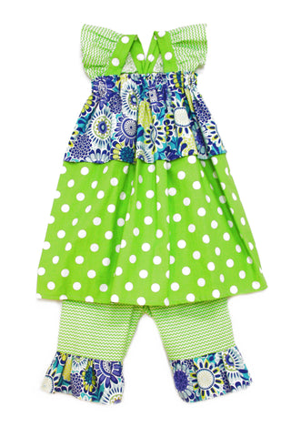 Swing Top Ruffled Pants Set in Green and Blue