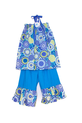 Swing Top Ruffled Pants Set in Blue Floral Print