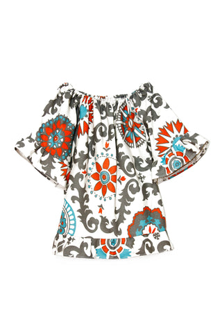 Grey, Turquoise, and Orange Peasant Top